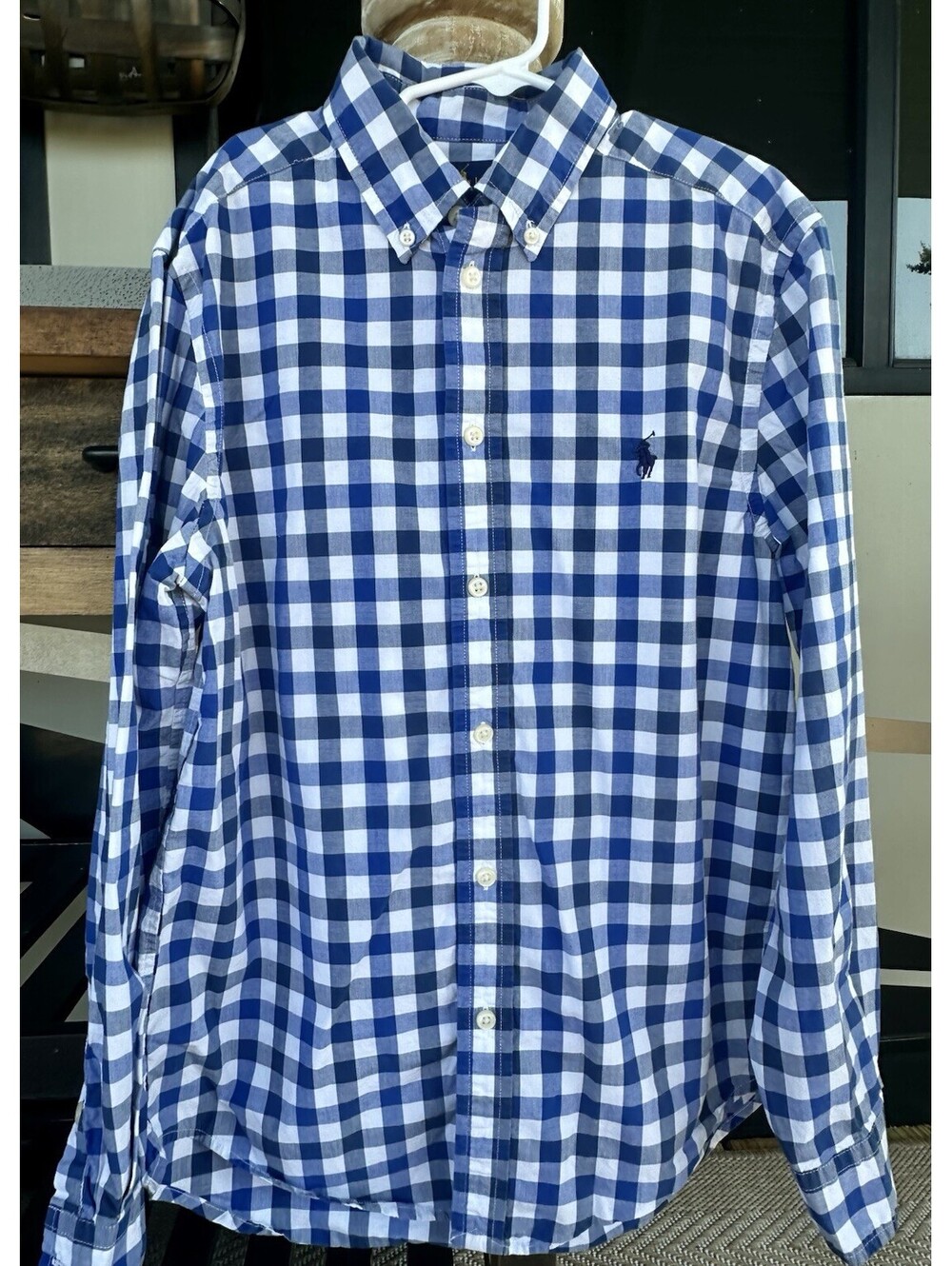 Ralph Lauren Boys Blue/White Check Button-Up Long Sleeve Shirt 14-16 Logo